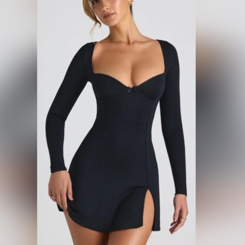Oh Polly‎ Devi Black Modal Bow Detail Sweetheart Neck A-Line Mini Dress US 4 NEW